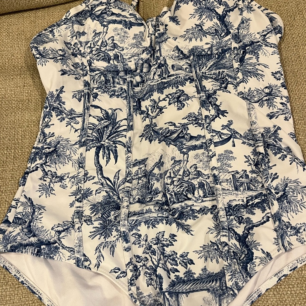 Blue and White Toile One-Piece Swimsuit
